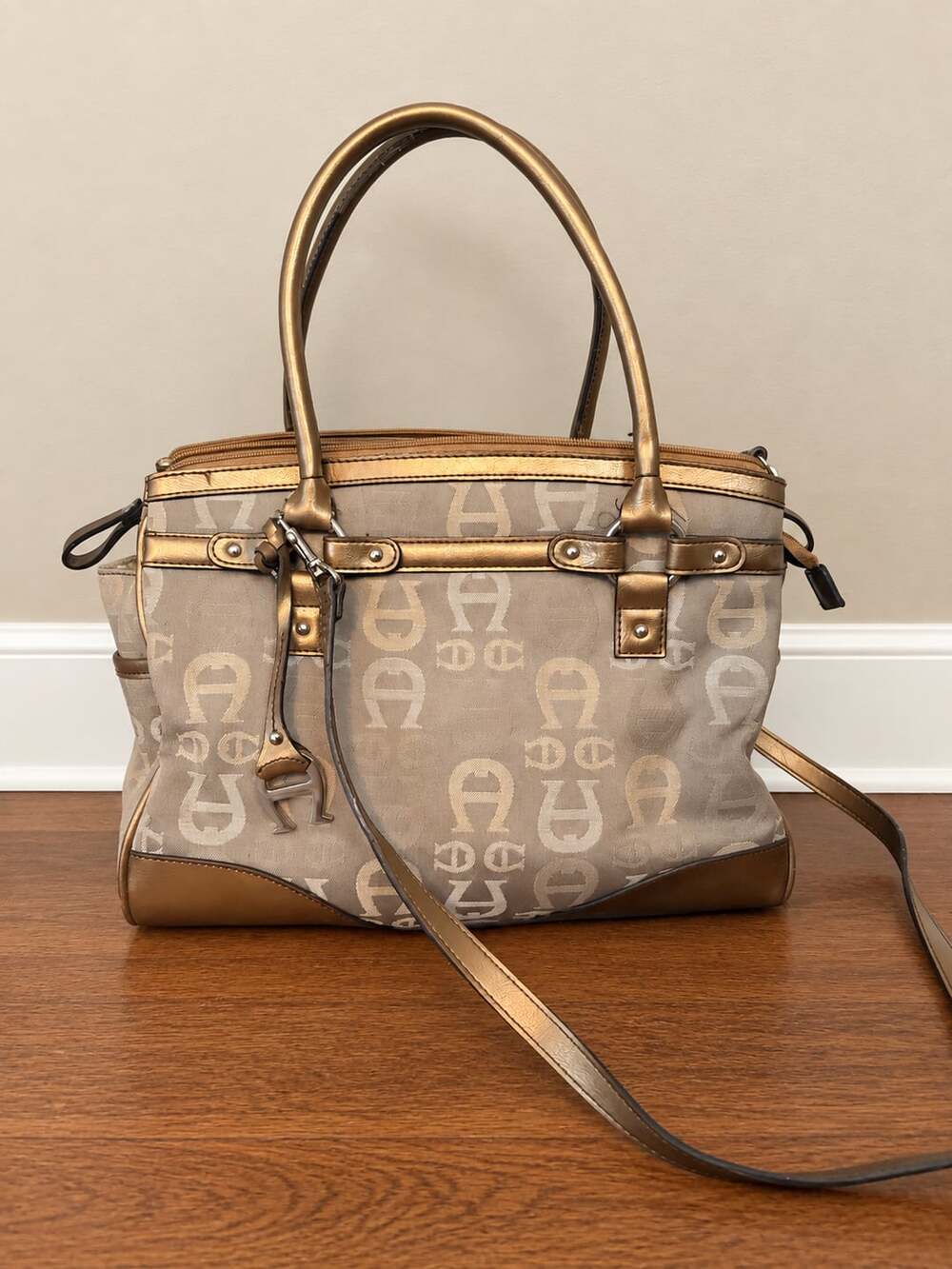 Etienne Aigner Logo Jacquard Leather Trim Satchel Handbag Bronze